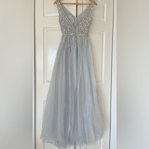LIGHT GRAY SEQUENCES AND BEADS TULLE DRESS PROM DRESS - Picture 9 of 15